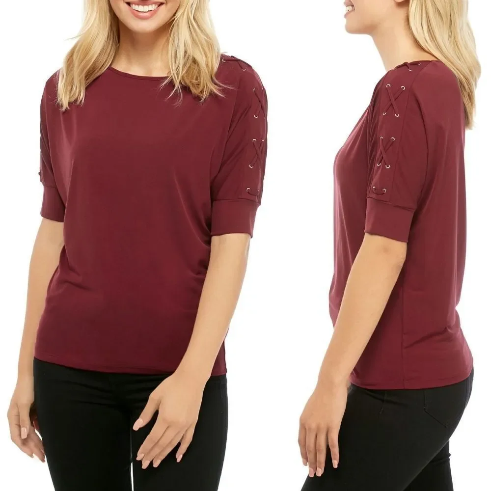 New! MICHAEL KORS Women's Dolman Lace-up Grommet Sleeve Top Blouse Red Size XL